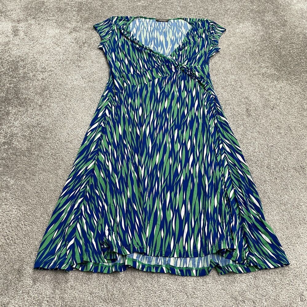 Jacqui E Midi A-Line Wrap Dress Womens Medium Blue Green Short Sleeve Casual